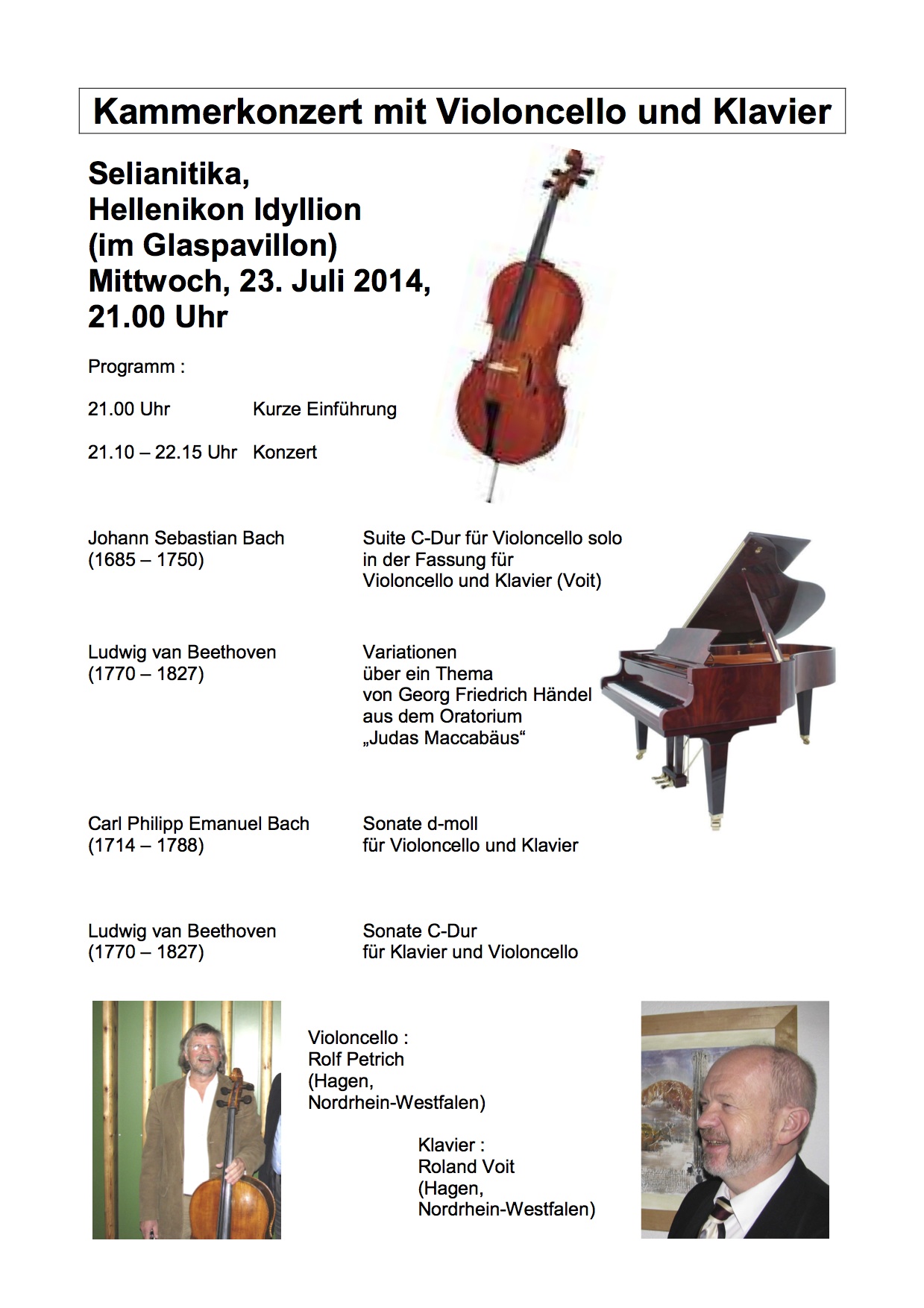 Plakat des Kammerkonzerts mit Violoncello und Klavier un Selianitika